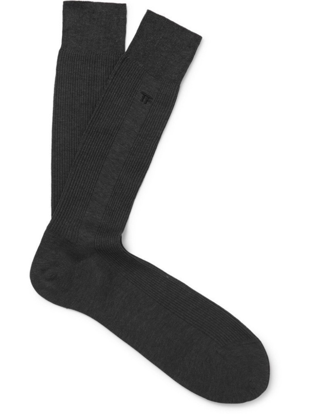 Tom Ford Charcoal Gray Embroidered TF Logo Ribbed Cotton Soft Dress Crew Socks